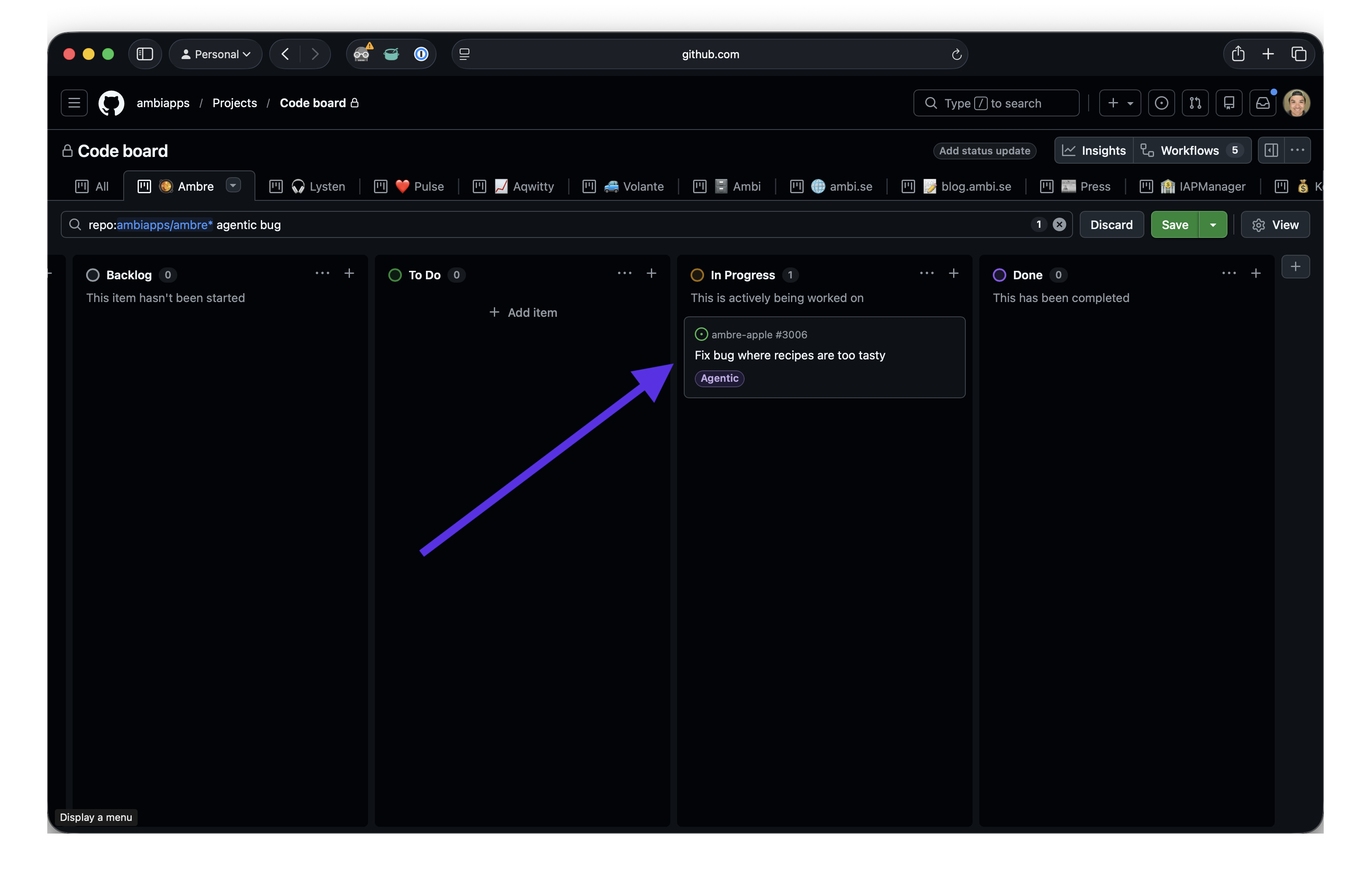 Our Code project board on GitHub, with an "Agentic" labelled ticket sitting in the In Progress column