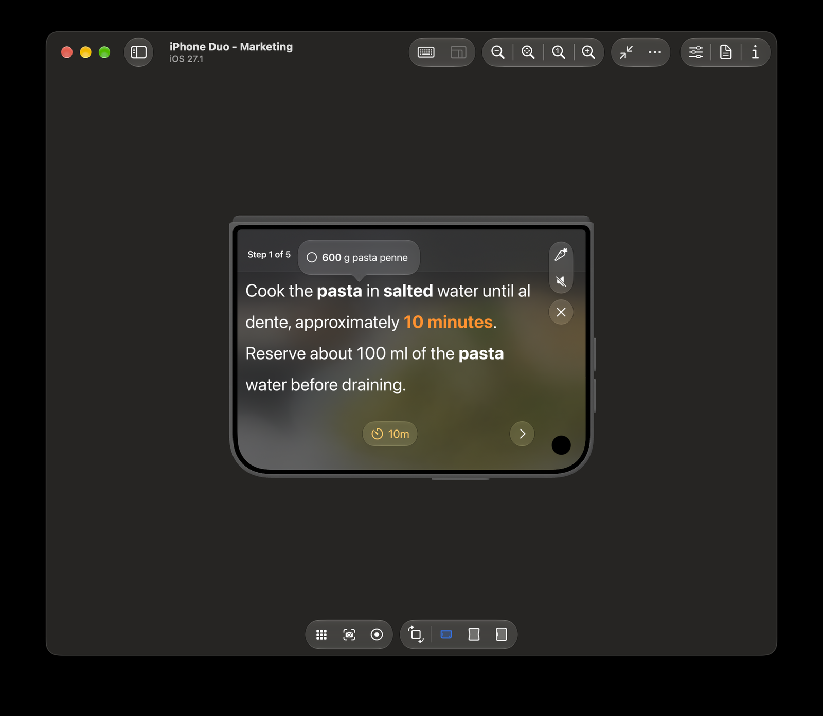 After: the card is gone, the step keeps the whole screen, and tapping 'pasta' opens a popover with the scaled amount, checkable in place