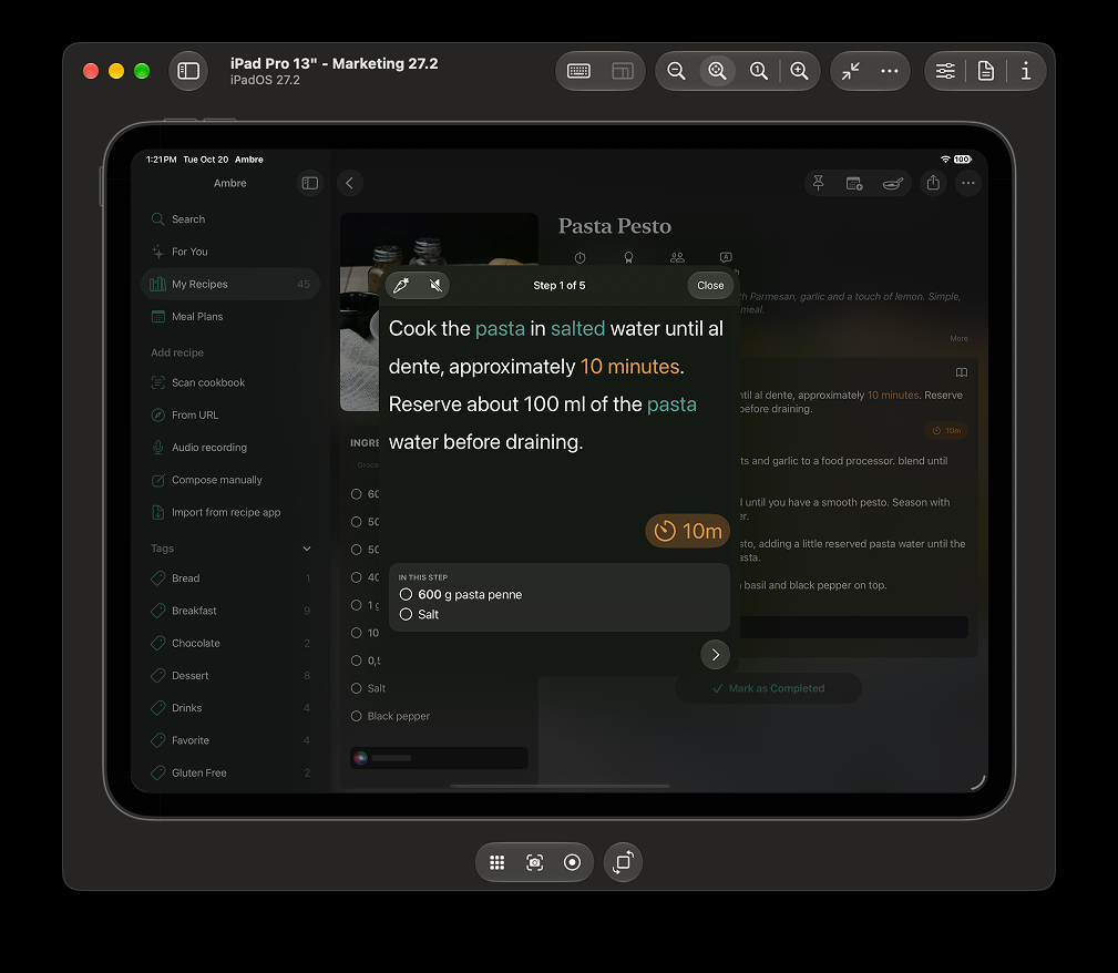Before: cook mode as a sheet on iPad in landscape, with the sidebar and the rest of the recipe visible underneath