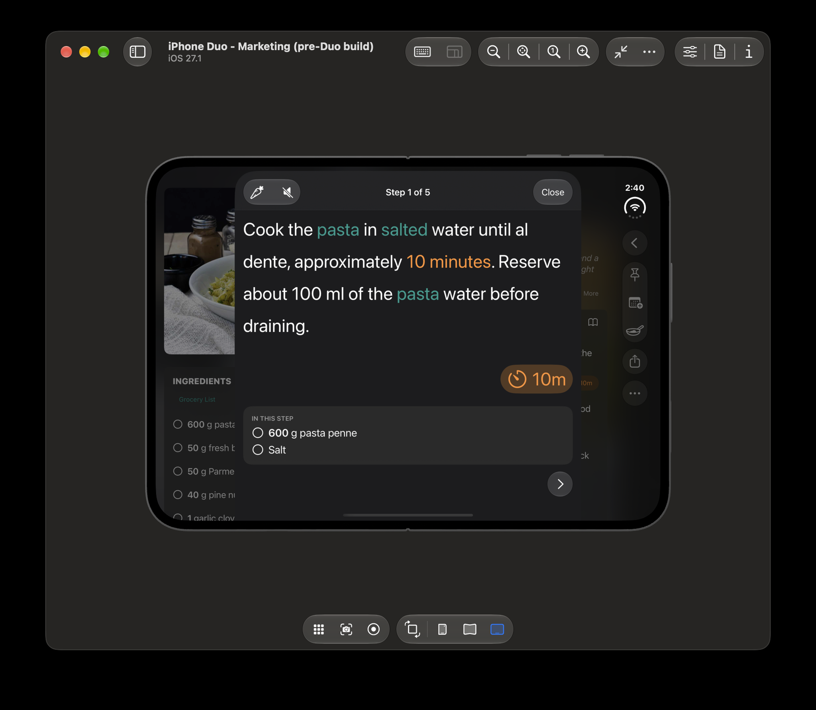 Before: cook mode as a sheet on the fully open phone in landscape, with the recipe still visible on both sides of it