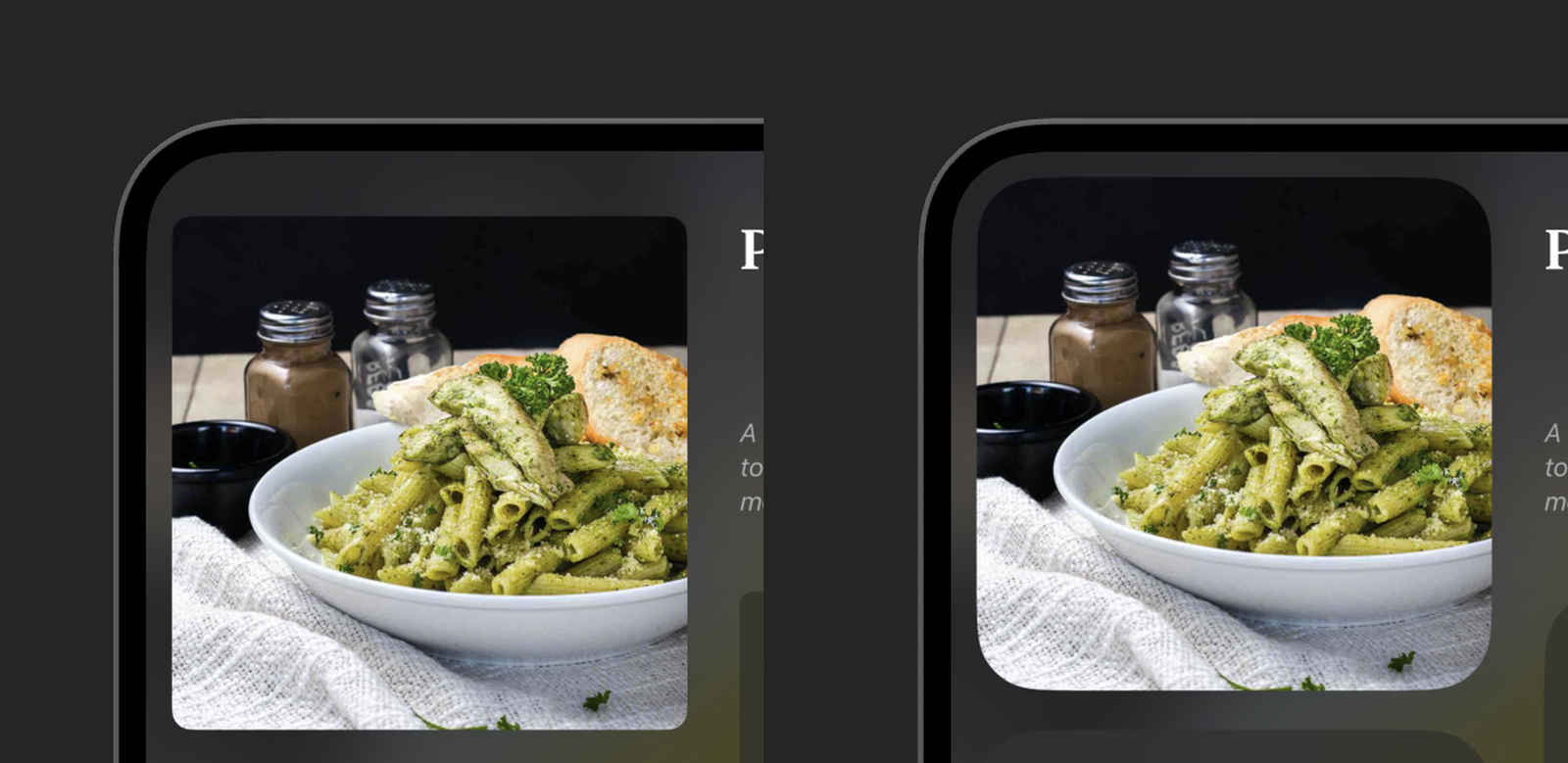 The inner screen's top-left corner, before and after: the photo's old radius against the display's corner, then the screen-matched radius with the two curves running parallel