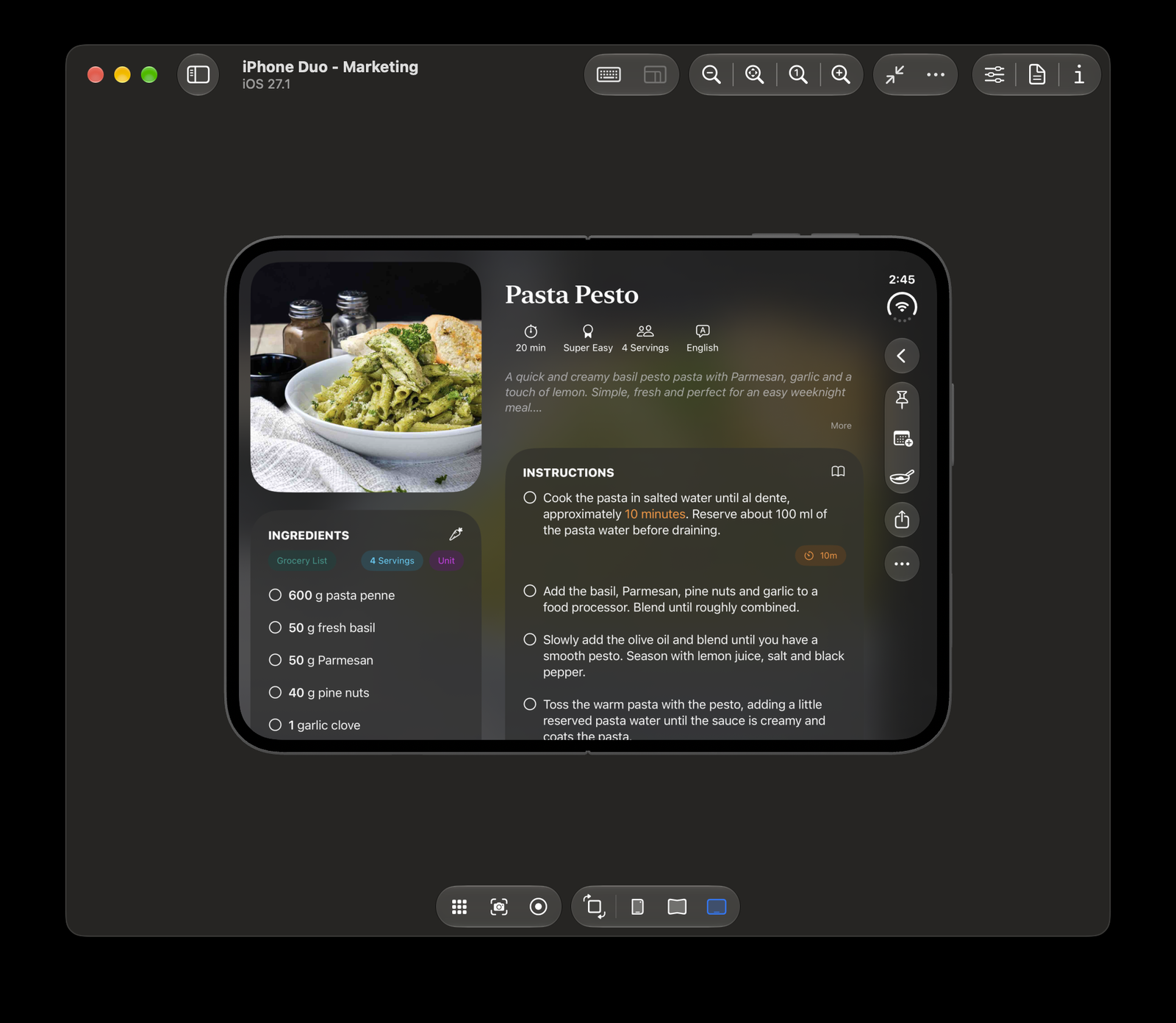The inner screen fully flat in landscape: the two-column recipe, ingredients on the left and instructions on the right
