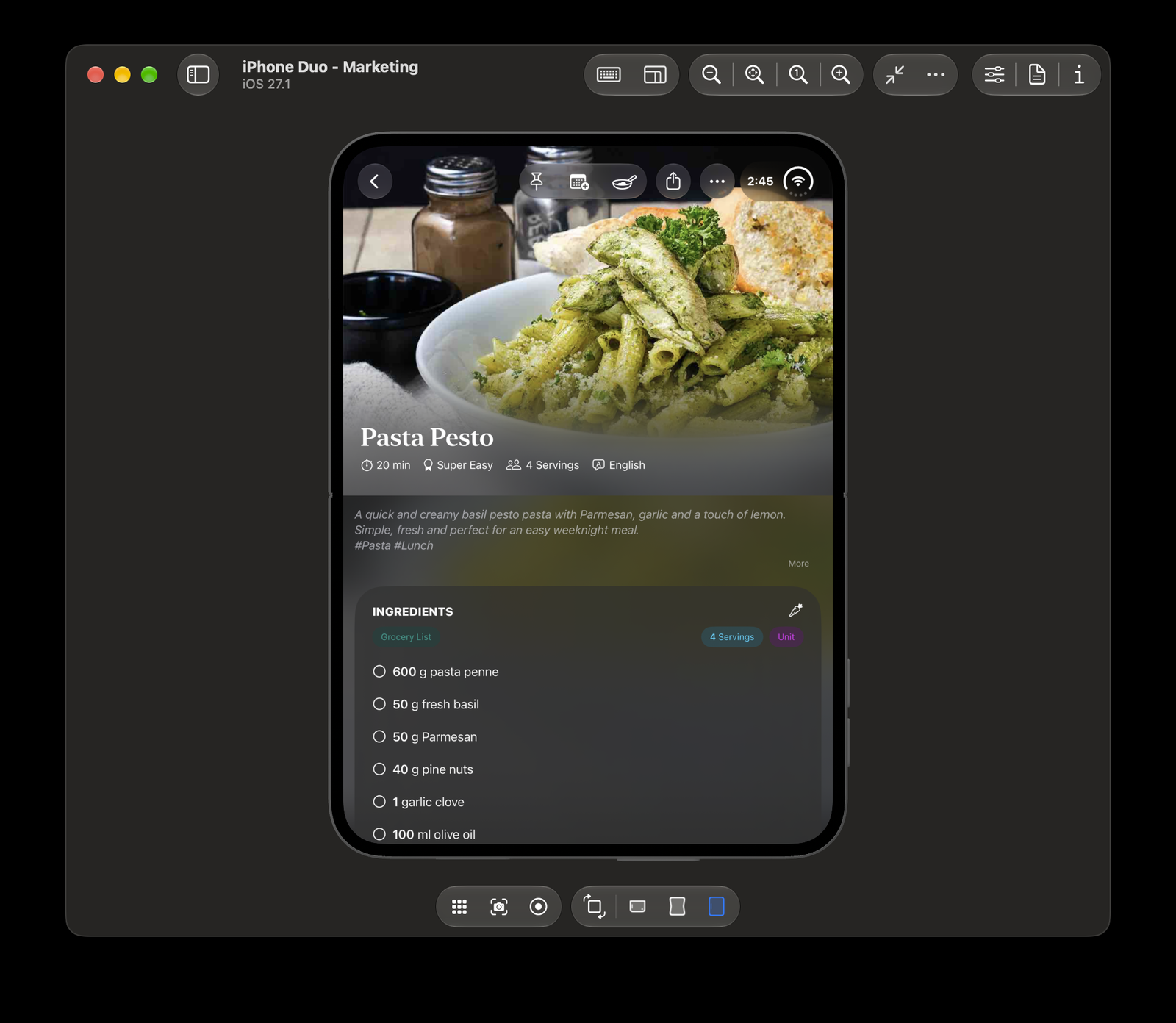 The inner screen in portrait: the captioned photo holds the top half, the description and ingredients card fill the bottom half
